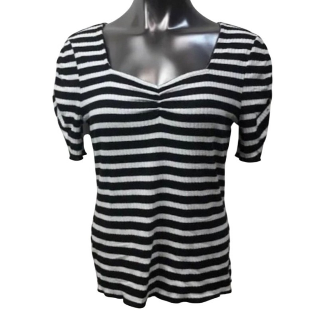 ana Women XXLโ Black White Striped Ribbed Sweetheart Puff Sleeve NWT